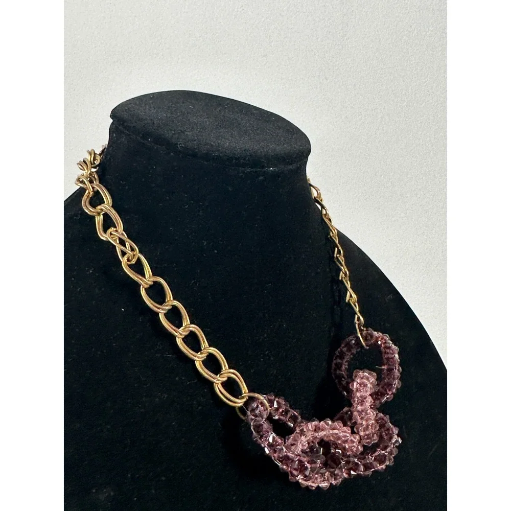 Vintage Statement Necklace‎ Fashion Jewelry Beaded Purple Gone Tone Chain
